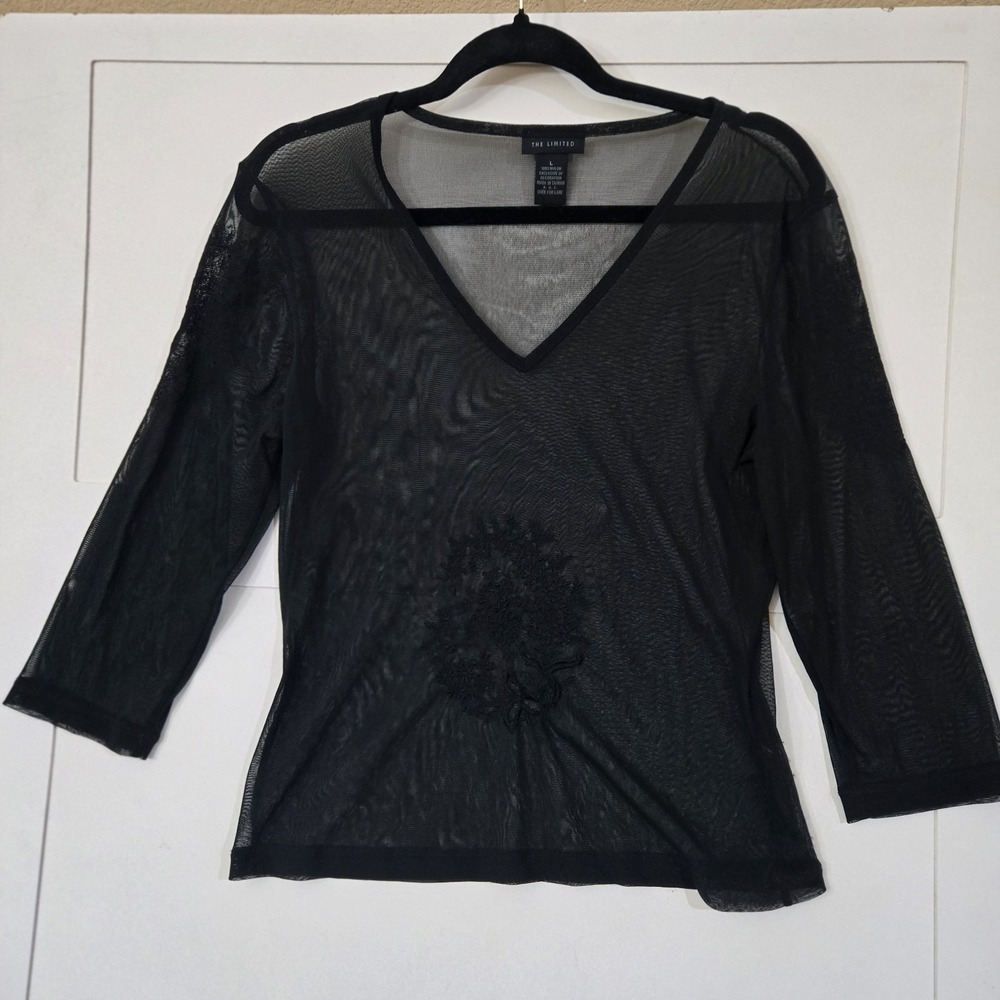 The Limited Y2K‎ Black Sheer Mesh Long Sleeve Top Large Womens Whimsigoth Floral